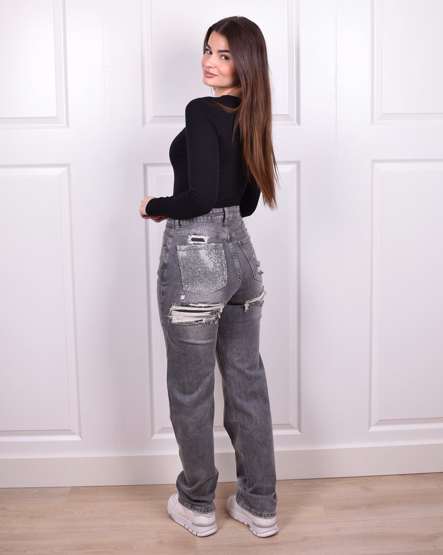 Light grey Rhinestone bum ripped jeans