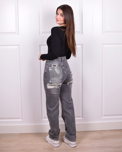 Light grey Rhinestone bum ripped jeans