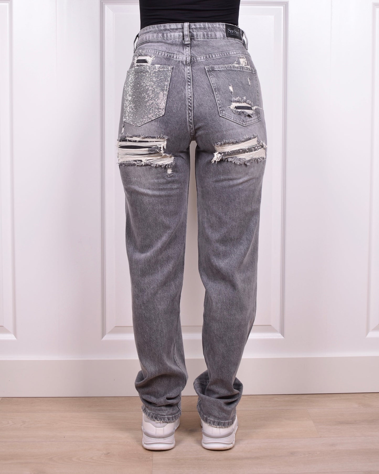 Light grey Rhinestone bum ripped jeans