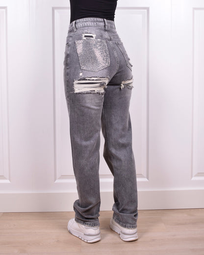 Light grey Rhinestone bum ripped jeans