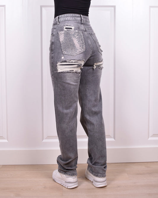 Light grey Rhinestone bum ripped jeans