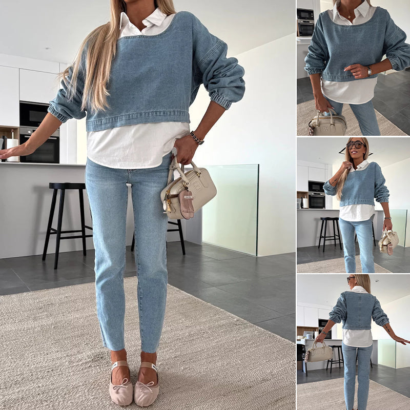 Trendy tweedelige set met denim top en broek voor dames