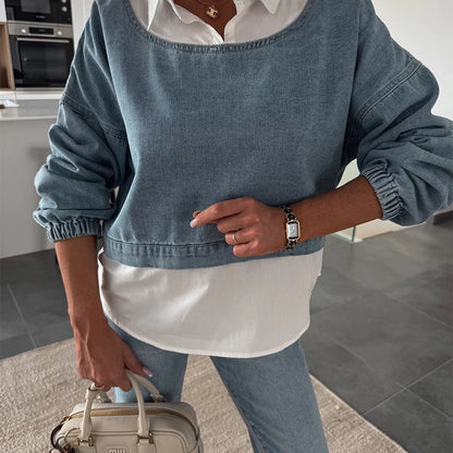 Trendy tweedelige set met denim top en broek voor dames