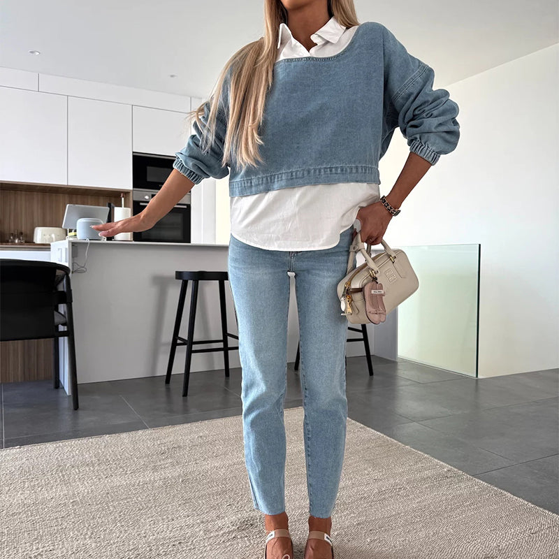Trendy tweedelige set met denim top en broek voor dames